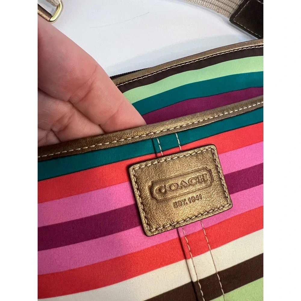 Coach Multi Color Striped Satin Crossbody Bag Bronze Leather Trim 1941 Brass